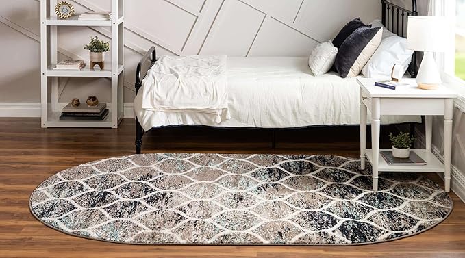 Rugs.com Lattice Frieze Collection Rug – 7' x 10' Oval Blue Multi Medium Rug Perfect for Living Rooms, Large Dining Rooms, Open Floorplans