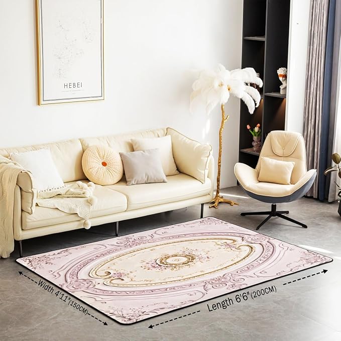 Light Pink Large Area Rug 5x7 Antique Decor Boho Floral Living Room Rug | Bohemian Flowers Rugs for Bedroom, Minimalist Damask Victorian Carpet Indoor Floor Mat