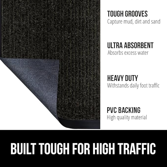 GORILLA GRIP Waterproof Traffic Guard Door Mat, 47x35, Heavy Duty Entryway Mats, Strong Rubber Back Commercial Utility Rugs for Office Hallway, Garage Floor and Home, Low Profile Carpet Runner, Black