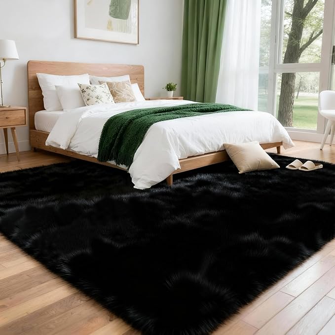 8x10 Solid Fluffy Black Area Rug – Washable, Durable, Extra Large Living Room Rug, Non-Slip High Pile Shag Rugs for Bedroom, Playroom, Nursery Rooms, Kids Room, Soft Indoor Floor Carpet Decor