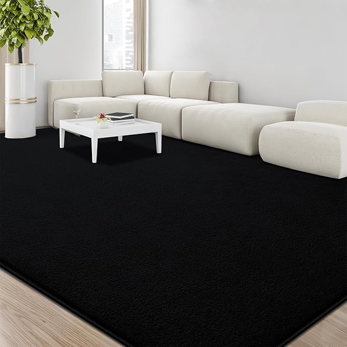 Large Area Rugs for Living Room Bedroom, 4x6 Feet Black Rug, Minimalist Modern Shag Rug, Soft Thick Comfy Memory Foam Indoor Carpet, Non-Slip Washable Rug for Boys Girls Dorm Nursery Room Home Decor