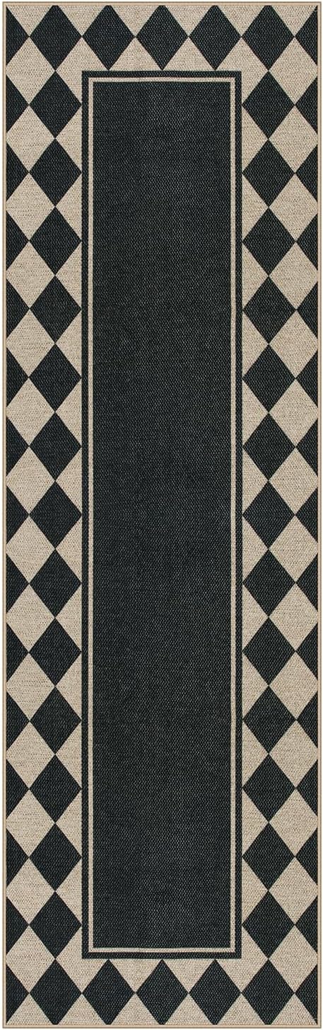 Moynesa Easy Jute Hallways Runner Rugs Washable 2.5x8 Entryway Rug Runners for Kitchen Black Checkered Indoor Outdoor Carpet for Entryway Patio, Diamond Grid Mat for Bathroom Bedroom Laundry