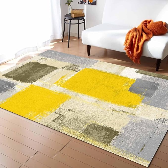 Yellow Rectangular Area Rugs for Living Room Bedroom 5 x 6.9 ft Abstract Paint Texture Modern Art Non-Shedding Soft Low Pile Rug Non Slip Washable Rug for Nursery Entryway Playroom