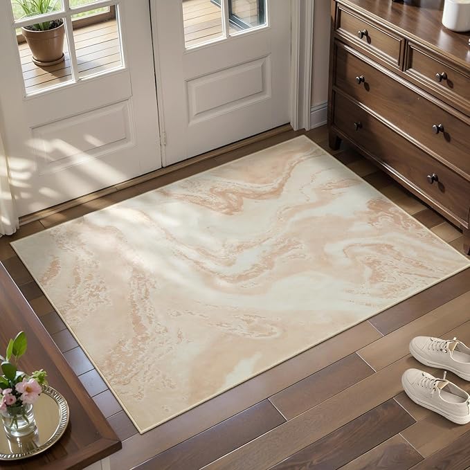 Ciicool Modern Abstract Area Rug 2x3 Washable Small Soft Entryway Rugs, Light Brown Non-Slip Low Pile Throw Entry Rug, Foldable Kitchen Bathroom Rugs Floor Carpet for Entrance Bedroom Indoor Doormat