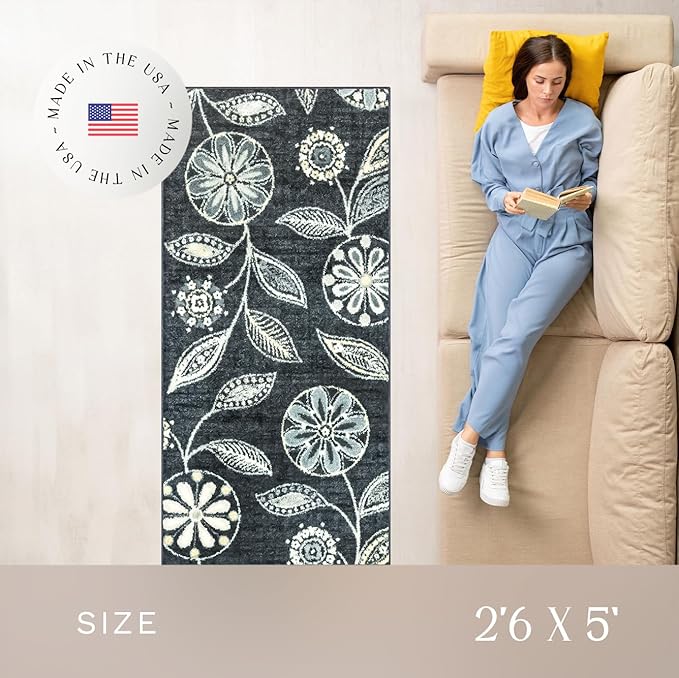 Maples Rugs Reggie Floral Runner Rug - Made in USA - Washable, Non Slip Indoor Carpet for Kitchen, Hallway, and Laundry Room, 2'6" x 5', Persian Blue