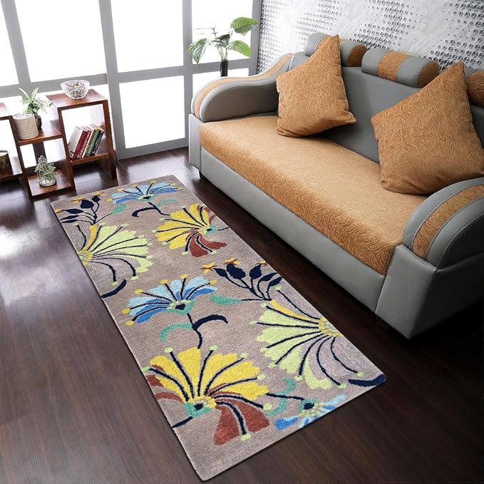 Hand Tufted Wool ECO-Friendly Area Rugs - 2'6''x10', Runner Shape, Camel, Floral Modern Design, High Pile Thick Handmade Anti Skid Area Rugs for Living Room, Bed Room (K00219)
