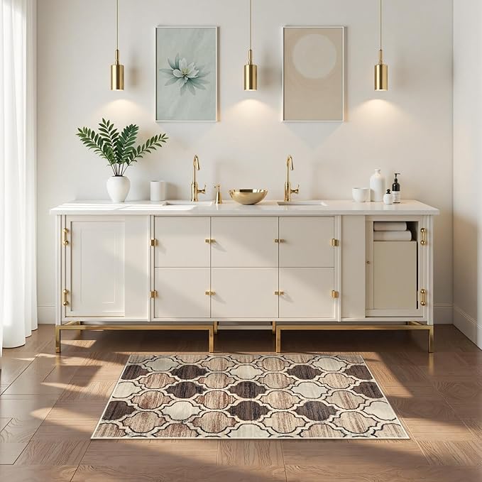 Lahome Moroccan Runners for Hallways- 2x4 Area Rug Washable Non-Slip Soft Bathroom Runner Ultra-Thin Small Kitchen Mat, Modern Print Distressed Floor Runners for Entryway Bedroom （Coffee,2'x4'