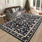GarveeHome Washable Area Rug 9 x 12 for Living Room, Non-Slip Soft Vintage Rug, Low Pile Farmhouse Floral Carpet, Non-Shedding Indoor Foldable Printed Rugs for Bedroom, Black