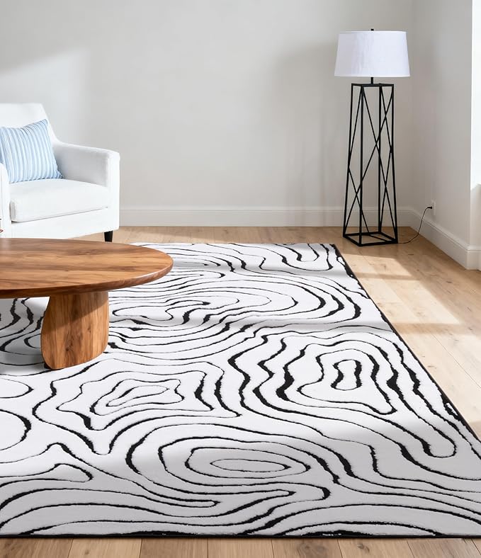 YIHOUSE Modern Rugs for Living Room 5x7, Washable Black and White Bedroom Rug, Fluffy Geometric Dining Room Rugs for Under Table Home Decor