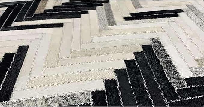 Round Cowhide Faux Leather Area Rug 4×4 ft – Black & White Modern Chevron Pattern Low Pile Carpet with Non-Slip Wool Backing, Soft Durable Living Room & Bedroom Accent Rug