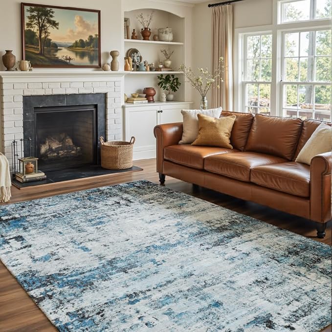 Area Rug 5x7 Washable Rug Blue for Living Room, Dining Room, Bedroom, Large Carpets, Non Slip & Non-Shedding Low Pile Vintage Print Rug for Home Office Decor
