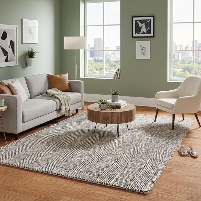 Modern Herringbone Chevron Collection Handcrafted Wool Area Rug - Durable, Zigzag Pattern, for High Traffic, Contemporary Design for Living Room, Bedroom, Dining Room Decor (Dark Olive, 9' x 9')