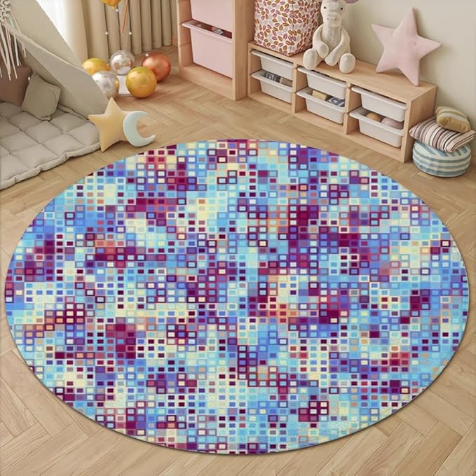 Abstract Pixel Geometry Round Rug Ombre Blue Purple Living Room Circle Area Rugs 5ft Washable Soft Non Slip Low Pile Indoor Floor Carpet for Bedroom Office Kitchen Coffee Table