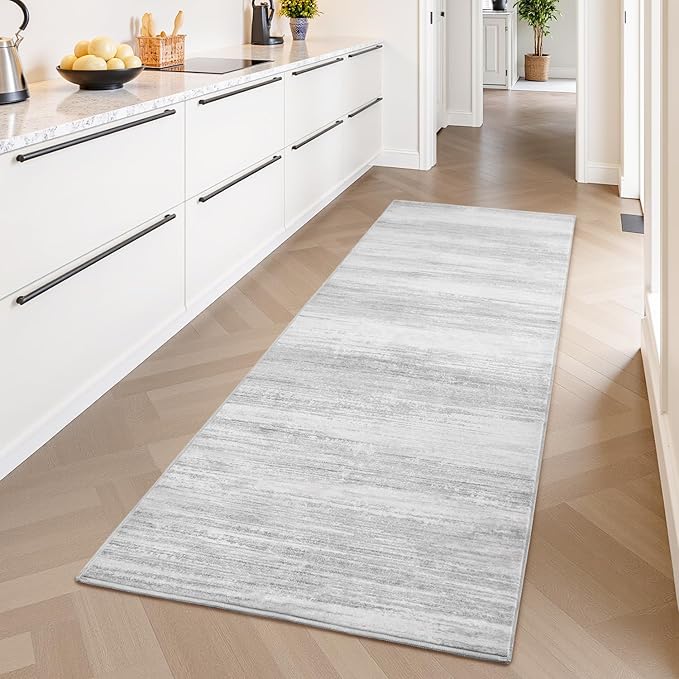 PADOOR Modern Abstract Runner Rug - 2x8 Washable Hallway Rugs, Ultra Soft Non-Slip Low Pile Floor Rugs for Hallway Entryway Kitchen Bedroom Bedside Laundry Room Grey