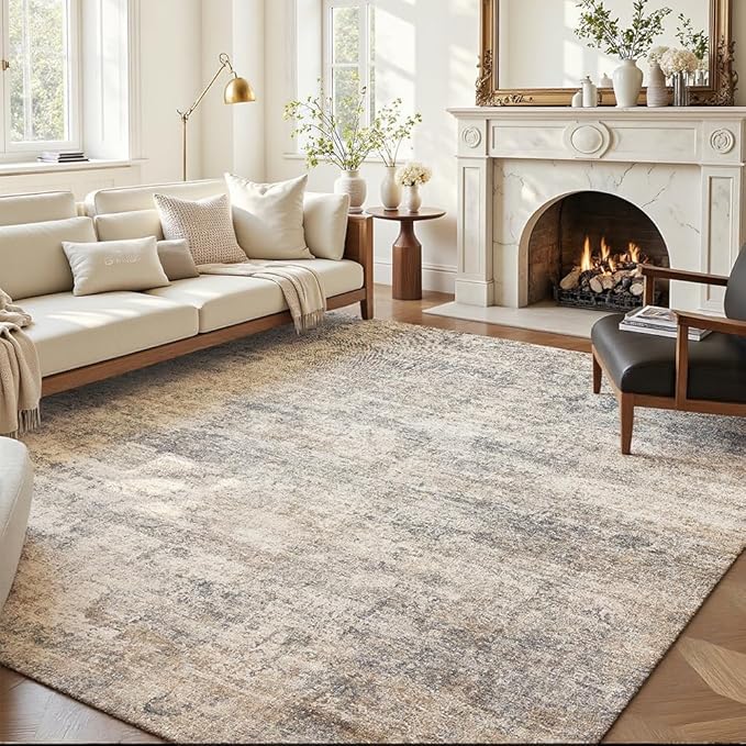 Area Rug 6x9 Washable Rug Grey and Beige for Living Room, Dining Room, Bedroom, Large Carpets, Non Slip & Non-Shedding Low Pile Vintage Print Rug for Home Office Decor