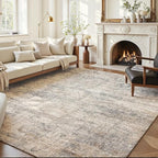 Area Rug 6x9 Washable Rug Grey and Beige for Living Room, Dining Room, Bedroom, Large Carpets, Non Slip & Non-Shedding Low Pile Vintage Print Rug for Home Office Decor