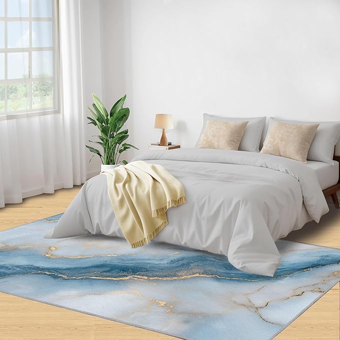3x4 Abstract Marble Rugs for Entryway - Blue-White-Marble Kids Bedroom Rug, Luxury Stone Pattern Mudroom Rug Soft for Coffee Shop Living Room Under Table Game Room