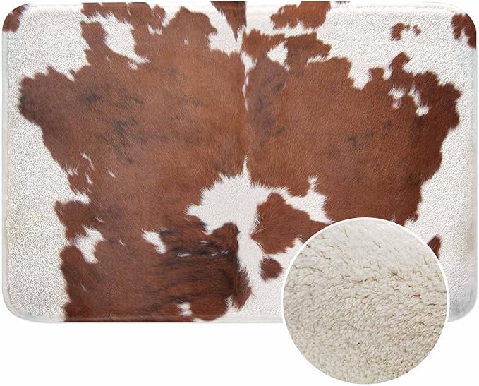 Cowhide Bathroom Mat Rugs Farm Animal Brown Cowhide Print Cow Microfiber Faux Cashmere Thick Plush Bath Mat Non-Slip Water Absorbent Bath Carpet for Bathtub Bathroom Floor Tub 16X24 Inch