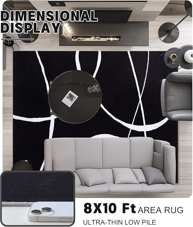 YIHOUSE Modern Washable Area Rug for Living Room Bedroom - Large Abstract Black and White Rug Non-Slip Ultra-Thin Home Decor (Dark Curve, 8'x10'ft)