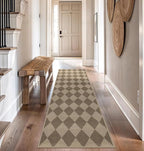 Easy Jute Checkered Runner Rug, 2.6x8 Brown Modern Washable Rugs Runner for Hallway Non-Slip Kitchen Runner Rug, Geometric Diamond Indoor Outdoor Carpet for Porch Laundry Entryway