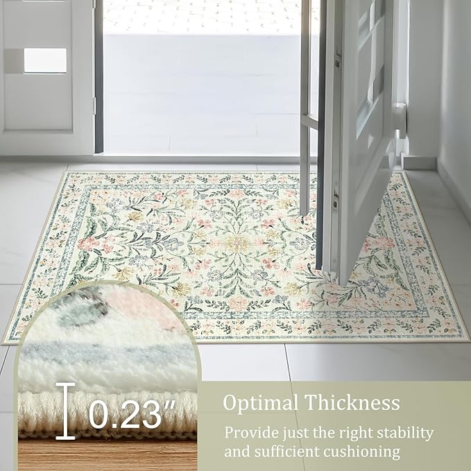 Morebes Floral Machine Washable Area Rugs 5x7, Vintage Boho Nursery Rug Girl Non-Slip, Flower Indoor Floor Throw Carpet for Living Room Bedroom Kitchen Playroom Home, White/Multi