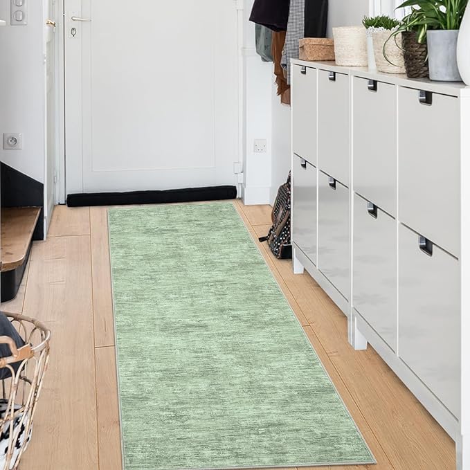 RUGSREAL Modern Runner Rug 2.5x8 Stain Resistant Washable Kitchen Runner Carpet ith Rubber Backing Low Pile Contemporary Solid Color Entryway Mat Ultra Soft Rug for Living Room Bedroom, Green
