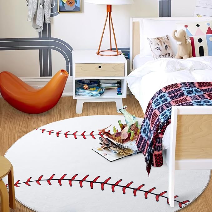 Soft Round Rugs for Bedroom, Baseball Rug for Boys, Bedside Area Kids Carpet, Baseballs Lovers Home Decor Indoor Circle Carpets for Living Room, Nursery, Dorms Machine Washable,47 Inch