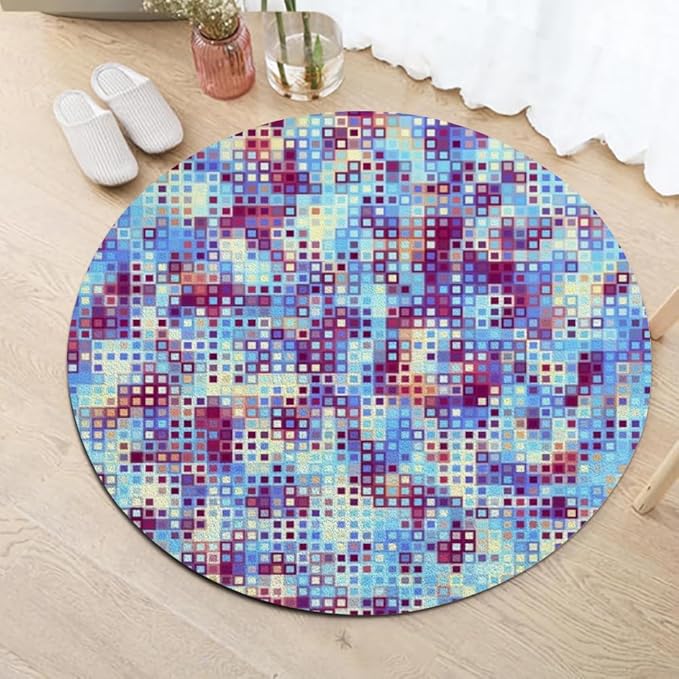 Abstract Pixel Geometry Round Rug Ombre Blue Purple Living Room Circle Area Rugs 7ft Washable Soft Non Slip Low Pile Indoor Floor Carpet for Bedroom Office Kitchen Coffee Table