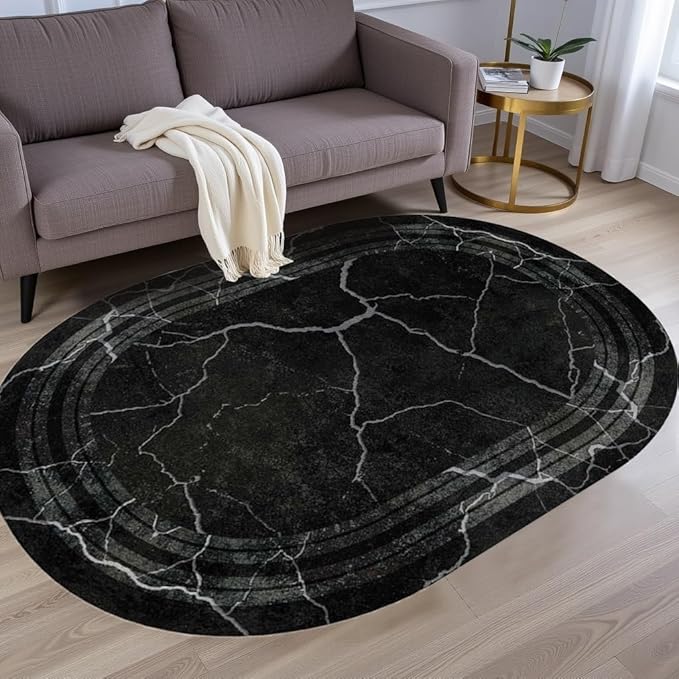Black Grey Striped Texture Bordered Rugs 5x8 Modern Minimalist Indoor Large Area Rug for Living Room Bedroom Dining Room Soft Faux Wool Non Slip Floor Mats Entrance Bathroom Home Office Oval Carpet