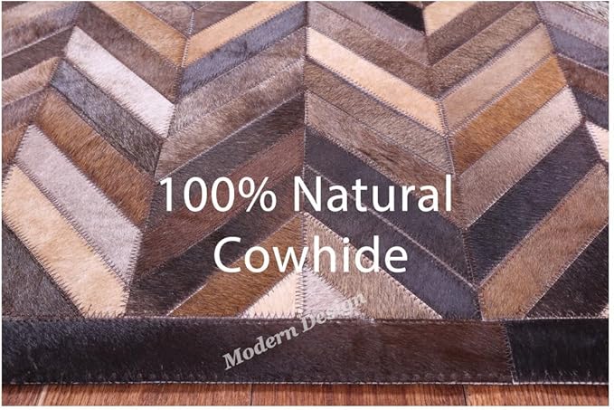 Modern Design Premium Cowhide Leather Carpet with Chevron Pattern, Area Rug (Natural Multi Brown, 2x3)