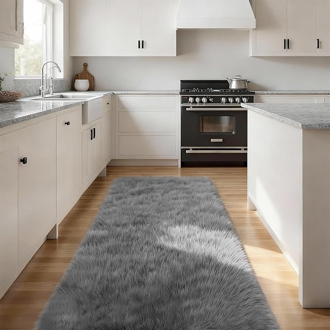 2x6 Solid Fluffy Grey Area Rug – Washable, Durable, Small Bedroom Runner Rug, Non-Slip Shag Rugs for Hallway, Living Room, Bedroom, Bedside, Dorms, Kids Room, Nursery Rooms, Soft Indoor Carpet
