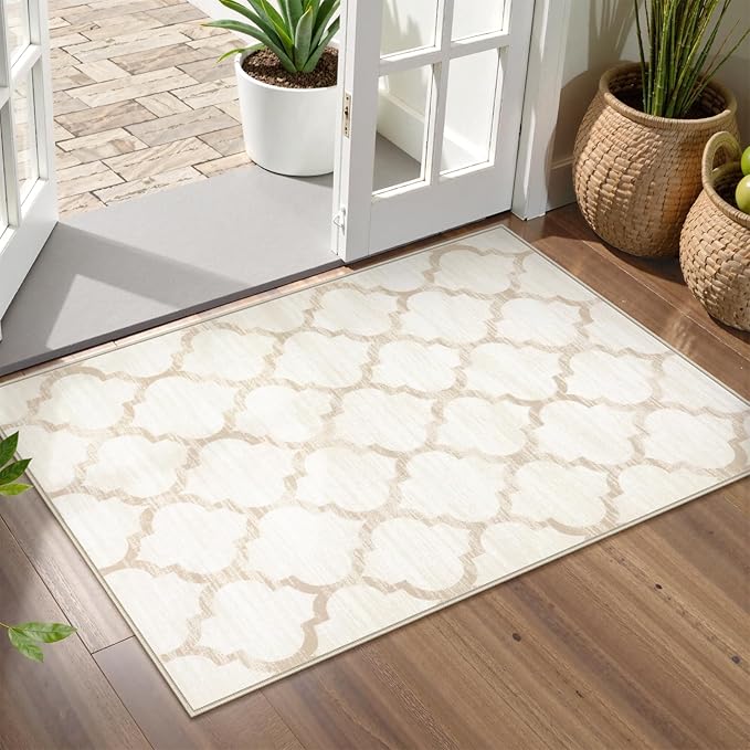 Lahome Moroccan Washable Rugs 2x3 - Small Area Rug 2x3 Non-Slip Kitchen Rug Soft Throw Non-Shedding Bedroom Rug Bath Mat Ivory Distressed Doormat Entry Way Rugs Indoor for Kids Nursery Room Bedside