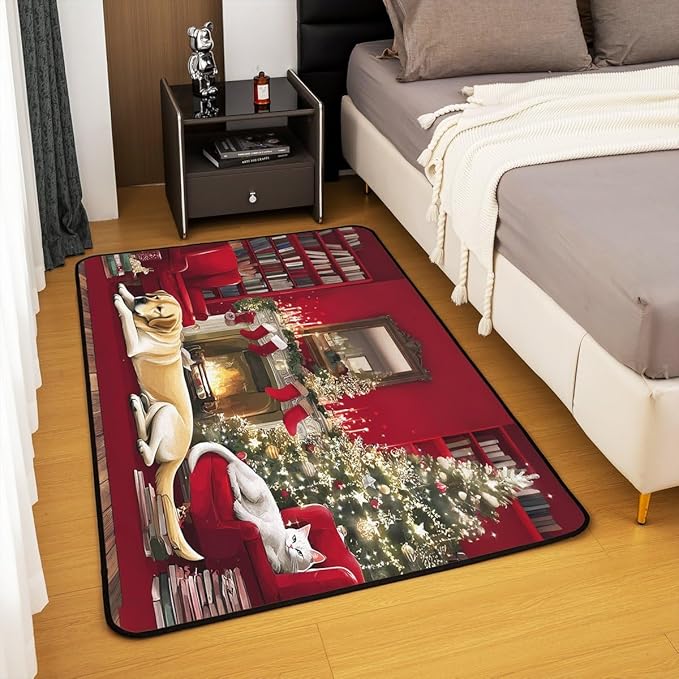 Merry Christmas Large Area Rug 5x7 Puppy Christmas Tree Living Room Rug | Little Cat Pup Dog Rugs for Bedroom, Cute Pet Animal Golden Retrievers Carpet Indoor Floor Mat