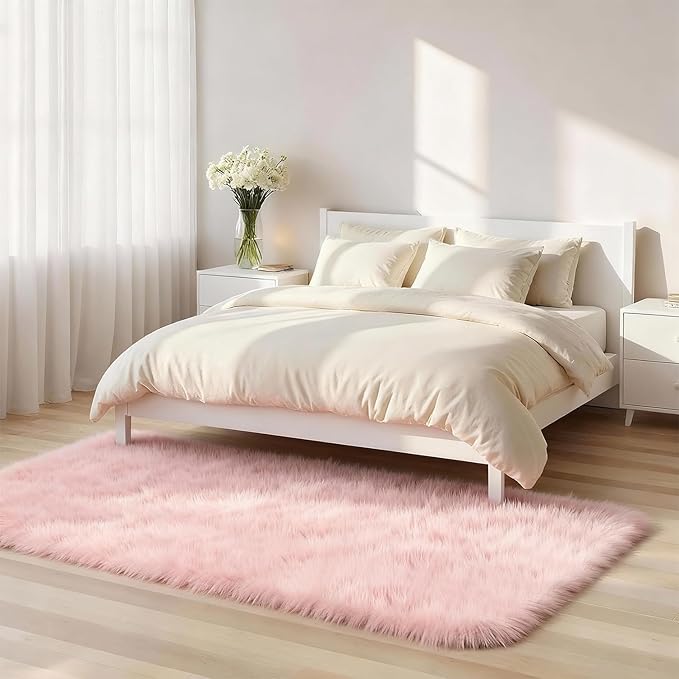 2x6 Solid Fluffy Pink Area Rug – Washable, Durable, Small Bedroom Runner Rug, Non-Slip Shag Rugs for Hallway, Girls Room, Living Room, Bedroom, Bedside, Dorms, Kids Room, Sofa Coffee Table