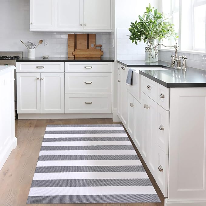 KOZYFLY Striped Outdoor Rug 3x5 Ft Front Door Rug Gray and White Hand Woven Cotton Washable Outdoor Doormats Outdoor Entrance Mat for Front Door Kitchen Entryway Patio Front Porch Decor