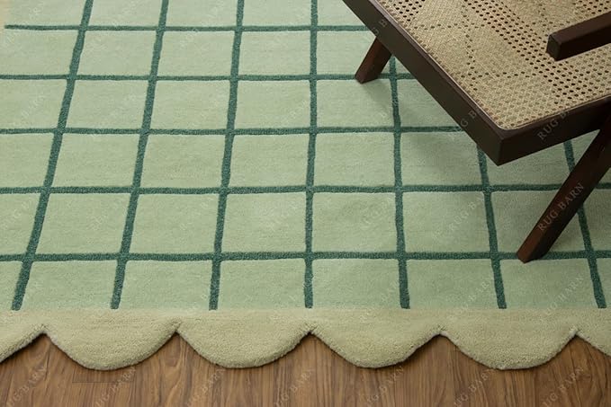 Mint Green Scalloped Edge Wool Area Rug with Checker Grid Design, Hand-Tufted Soft Carpet for Living Room, Bedroom, Nursery, Kids & Playroom Décor - 6x6 Ft (Square)