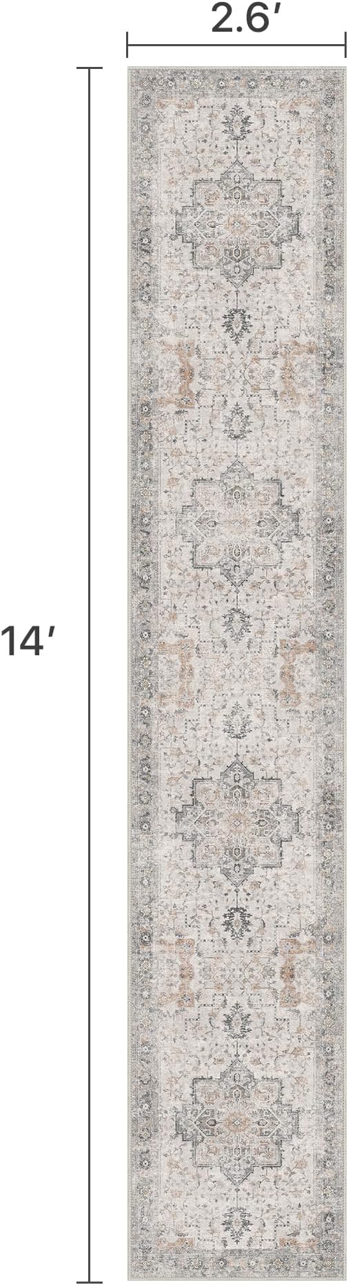 2'6''x14 Runner Rugs for Hallway, Machine Washable Non Slip Vintage Rugs, Low Pile Soft Print Rug for enrtyway, Corridor, Home Office,Light Taupe Brown