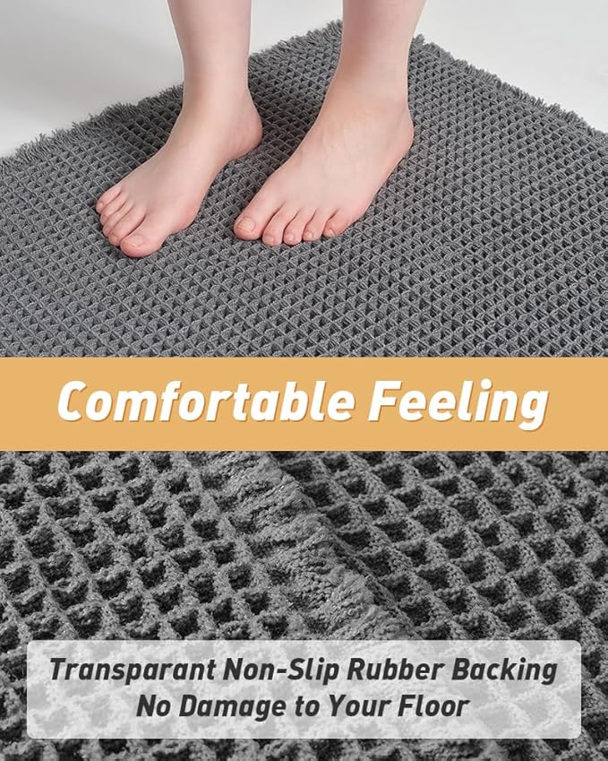 AMOAMI Upgraded Waffle Bath Mat, Super Absorbent Non Slip Bath Mats for Bathroom Floor, Machine Washable Bathroom Rugs with Tassels, Rubber Backed Bathroom Mats, Ultra Soft, 17" x 24", Dark Grey