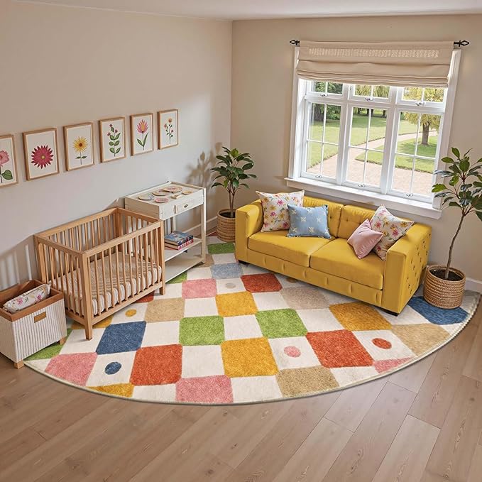 jinchan Macy Kids Rug for Classroom 7ft Radius Corner Washable Area Rug Modern Colorful Quarter Circle Rug Soft Non-Slip Carpet for Nursery Playroom Daycare Reading Nook Living Room Circus on Cream
