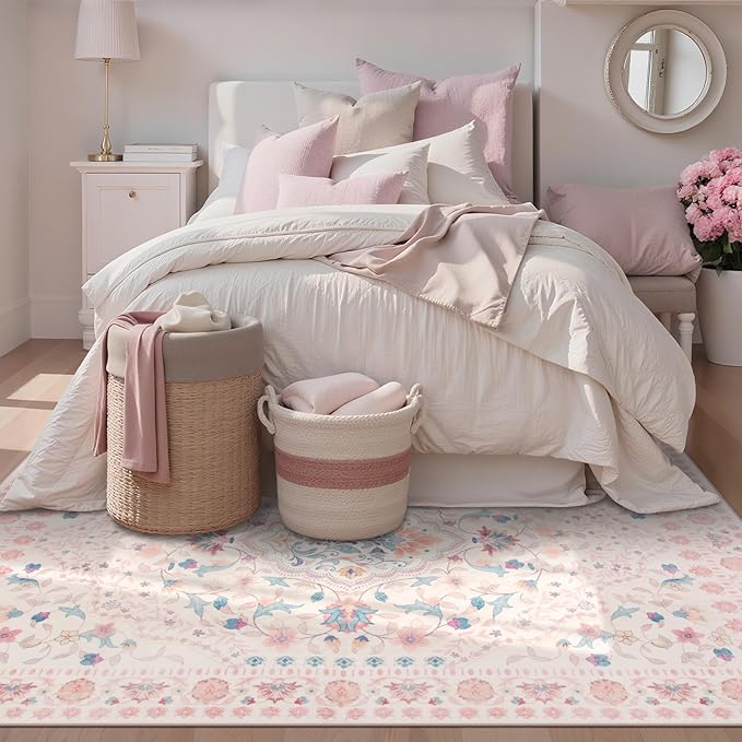 Wonnitar Floral 5x7 Washable Nursery Rug, Pink Rugs for Bedroom Girls, Boho Ultra-Thin Soft Non Slip Floor Carpet for Dorm Living Room Playroom Home Decor, Pastel Pink