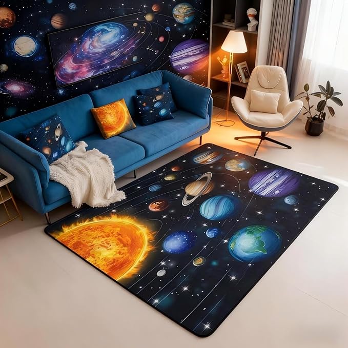 Planet 3 x 5 Area Rug Solar System Outer Space Rugs for Living Room | Universe Galaxy Washable Rug, Cosmic Earth Star Carpet Indoor Floor Mat