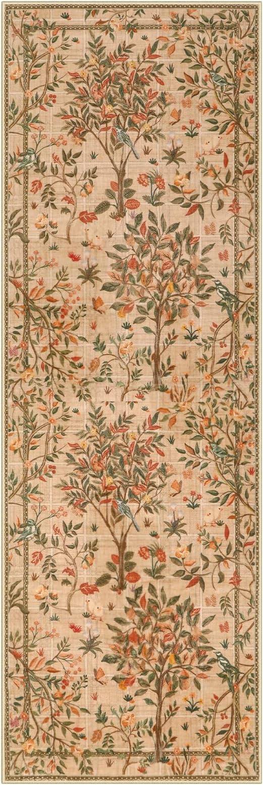Morebes Boho Floral Runner Rug Non Slip, Washable Flower Long Bathroom Rugs Runner 2x6, Soft Botanical Flower Birds Indoor Throw Carpet for Entryway Hallway Bedroom Laundry Room, Brown