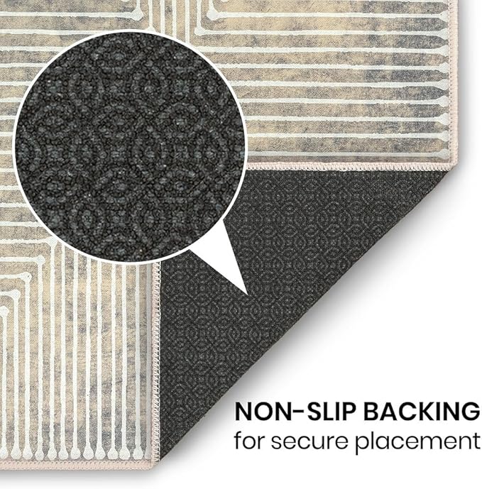 GLN Rugs Contemporary Collection - Machine Washable Area Rug, Contemporary Washable, Non Slip, Low Pile Chenille Rug, Living Room, Bedroom, Kitchen Rug (6' x 9' Lines Cream)