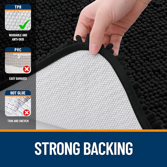 OLANLY Bathroom Rugs 24x16, Extra Soft Absorbent Chenille Bath Rugs, Rubber Backing Quick Dry, Machine Washable Bath Mats for Bathroom Floor, Tub and Shower, Home Decor Accessories, Black