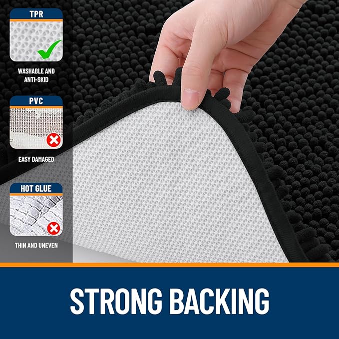 OLANLY Bathroom Rugs 32x20, Extra Soft Absorbent Chenille Bath Rugs, Rubber Backing Quick Dry, Machine Washable Bath Mats for Bathroom Floor, Tub and Shower, Home Decor Accessories, Black