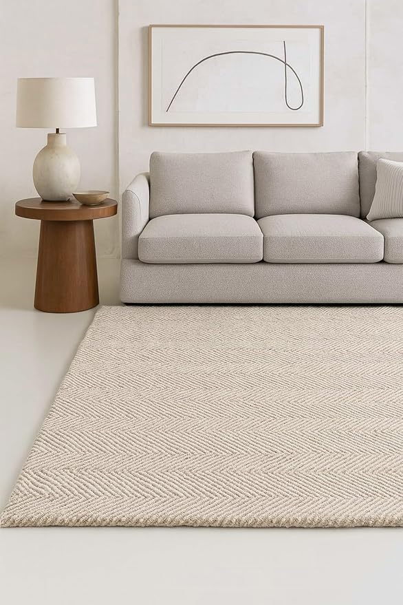 Modern Herringbone Chevron Collection Handcrafted Wool Area Rug - Durable, Zigzag Pattern, for High Traffic, Contemporary Design for Living Room, Bedroom, Dining Room Decor (Sand Beige, 4' x 6')