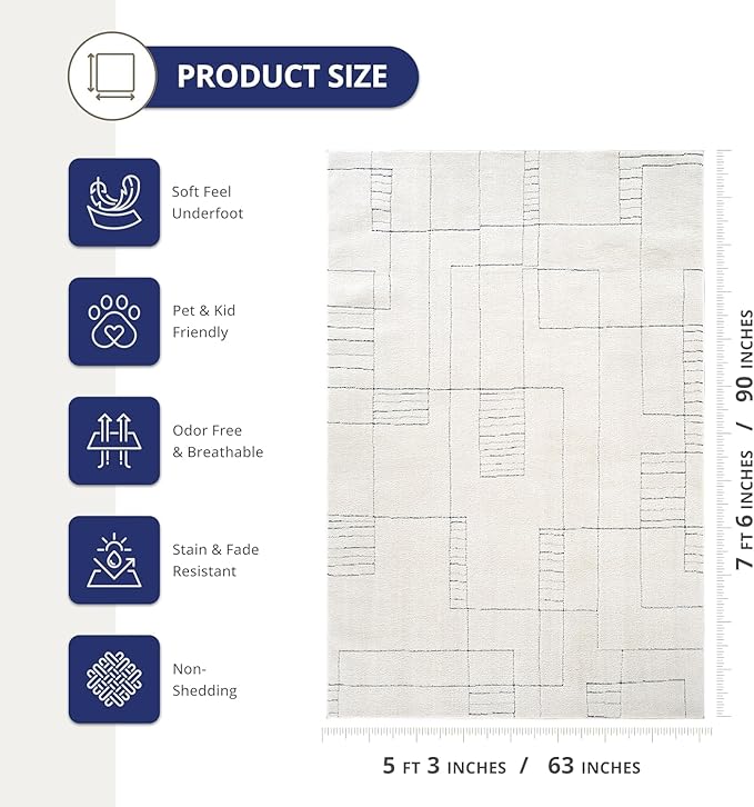 Abani Cream Area Rug – 6' x 9' – Oliver Collection – Geometric Linework Pattern – Non-Shedding, Easy to Clean – Durable for Living Room, Bedroom, or Office, Pet & Child Friendly