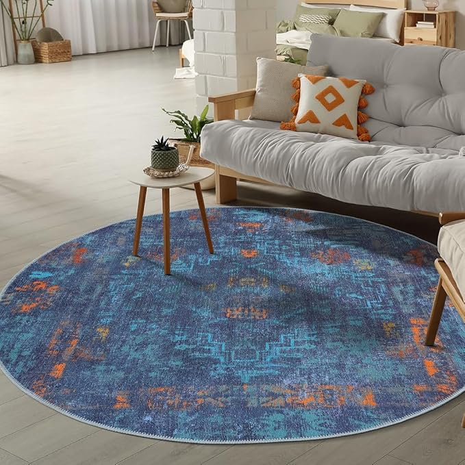 GLN Rugs Contemporary Collection - Machine Washable Area Rug, Contemporary Washable, Non Slip, Low Pile Chenille Rug, Living Room, Bedroom, Kitchen Rug (5'3" Round Midnight/Multi)