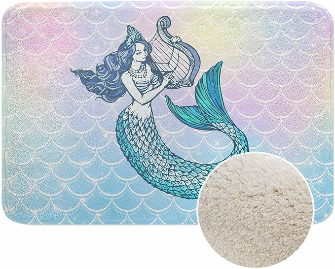 Mermaid with Harp Bath Rugs Microfiber Bathroom Mat Soft Plush Shaggy Shower Mat for Bathroom Fluffy Comfortable Water Absorbent Carpet Non-Slip Machine Washable 20"X30"