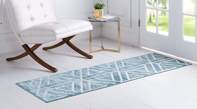 Rugs.com Lattice Trellis Collection Rug – 6 Ft Runner Blue Low-Pile Rug Perfect for Hallways, Entryways